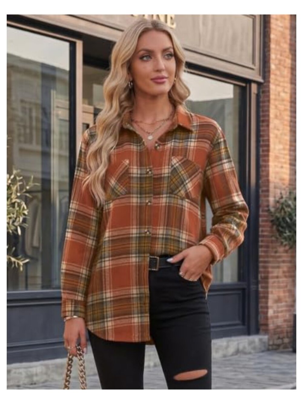 Women's Lightweight Flannel Plaid Long Sleeve Button Down Oversized Shirt - Picture 2 of 6
